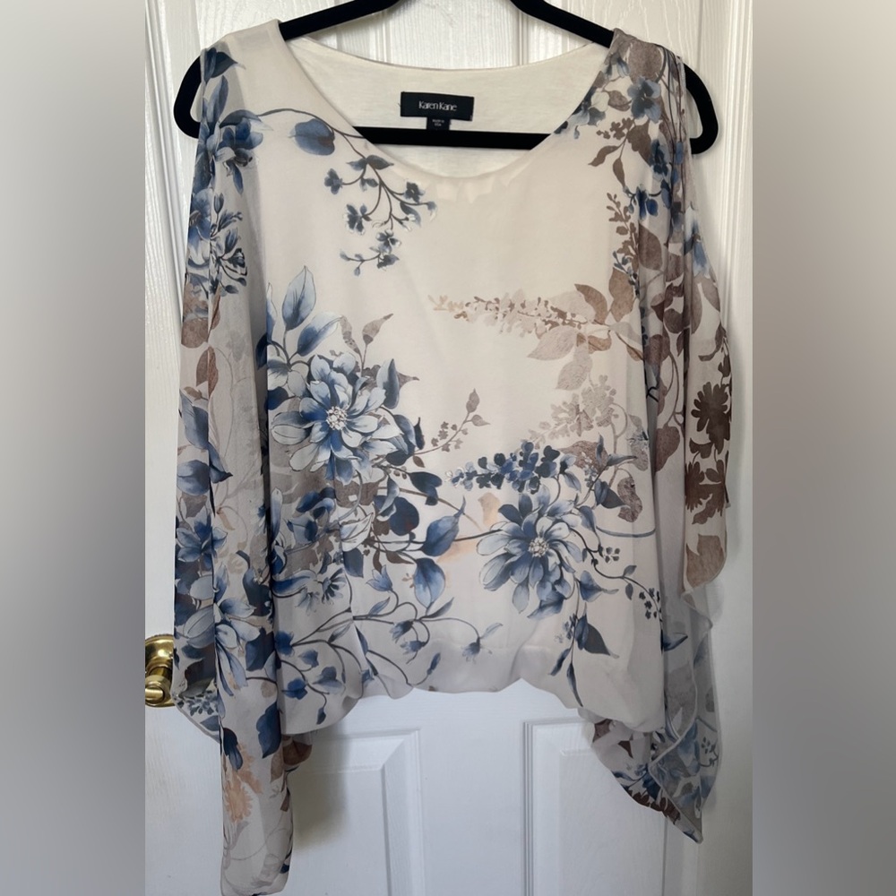 Karen Kane Women's Sz L Cold Shoulder Sleeves  Floral Top - Blues & Browns